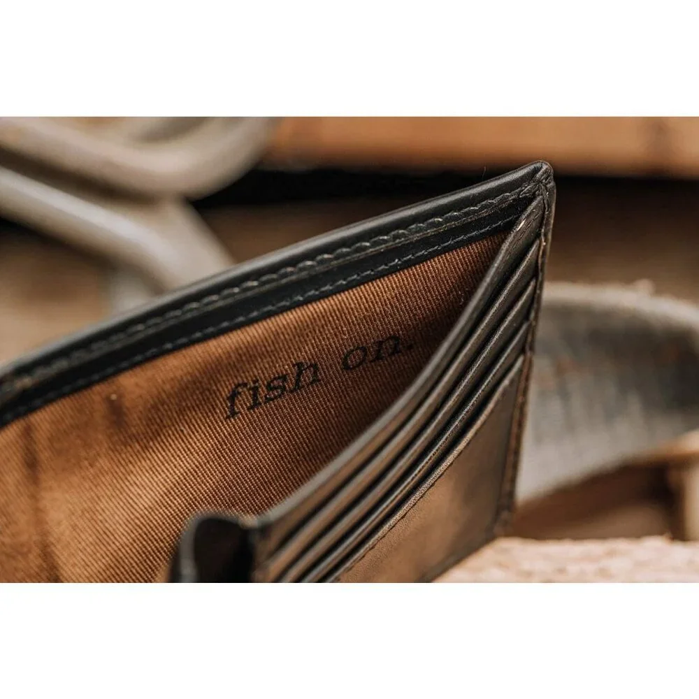 Men's Bass Double Id Bifold Black Grain premium Leather Fishing Wallet Card